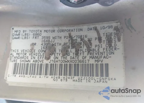 1999 Lexus Lx 470 z USA, uszkodzony, nr VIN JT6HT00WXX0036617